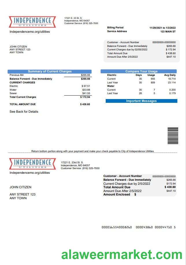 USA Missouri Independence Utilities utility bill template in Word and PDF format